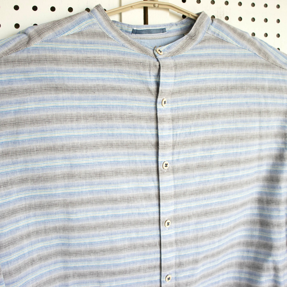 Caribbean Men SIZE XL Blue Linen Blend Stripe LS Button Up Shirt Band Collar - Picture 2 of 9